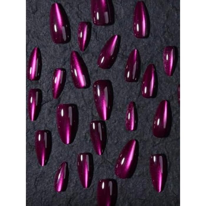 24Pcs/Set Y2K Aesthetic Purple Crystal Cat Eye Press On Nails Long Almond - Image 4